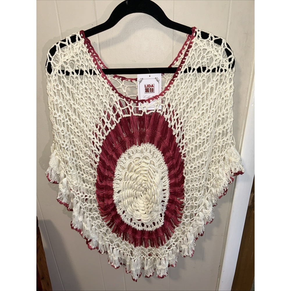 Lida Boho Bohemian Crochet Fringe Festival Poncho NOS! Tags B4